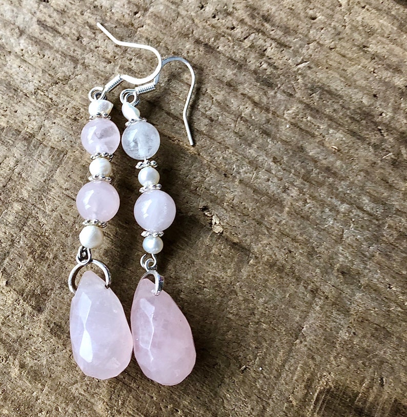 Pure Love Lucky Pink Quartz Gemstone Earrings Rose Quartz /& Pearl Earrings Mom Gift for Her Boho Pink Heart Chakra Jewelry