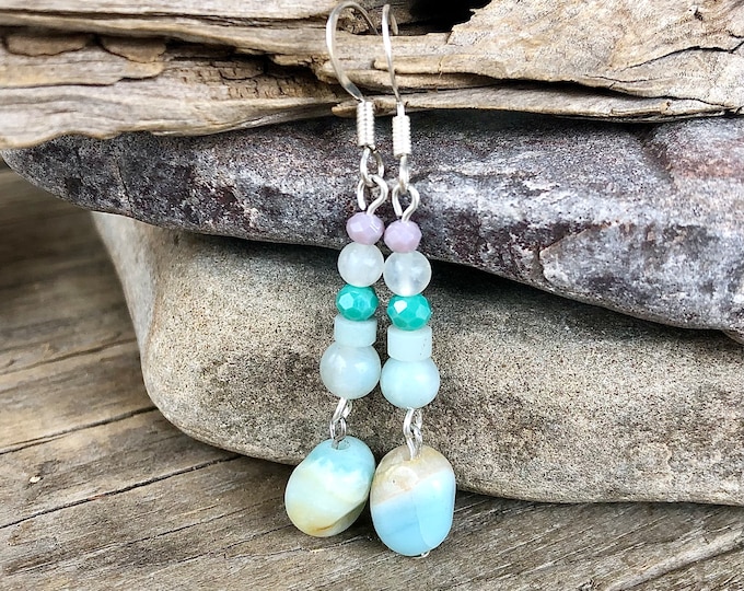 Amazonite, Aventurine & Quartz Crystal Earrings