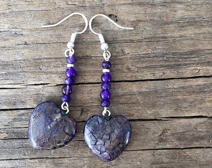 Amethyst & Dragon Veins Agate Heart Earrings - 2.5 inch