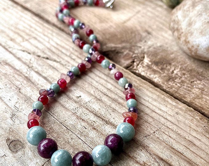 Burma Jade Garnet Watermelon Quartz & Crystal Necklace