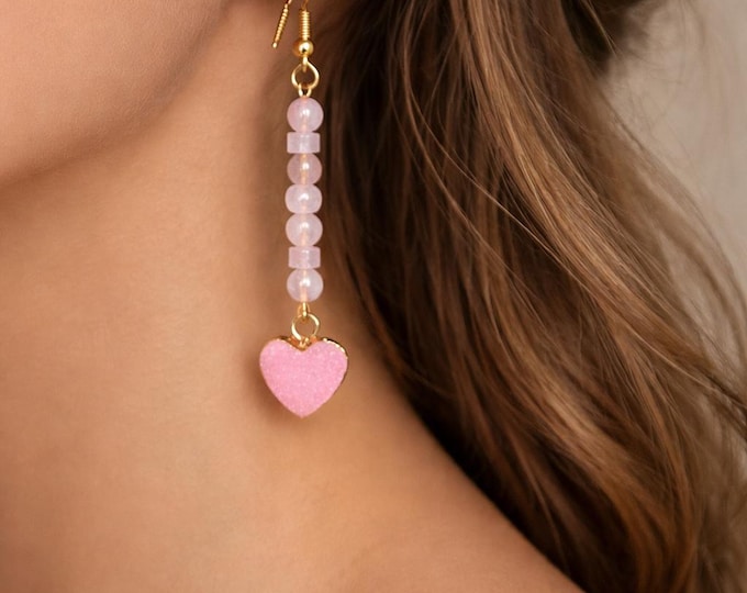 Rose Quartz and Agate Druzy Heart Earrings