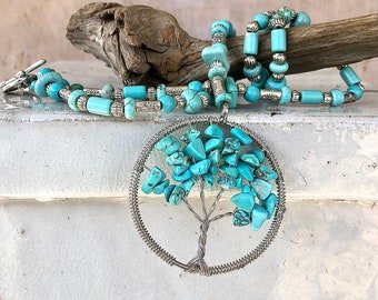 Turquoise Tree of Life Necklace, Healing Crystals Boho Best Friend Birthday Gift for Girlfriend Gemstone Statement Jewelry