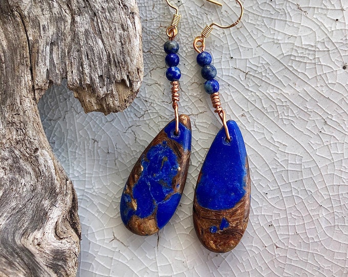 Ocean Jasper Copper Bornite and Lapis Lazuli Earrings