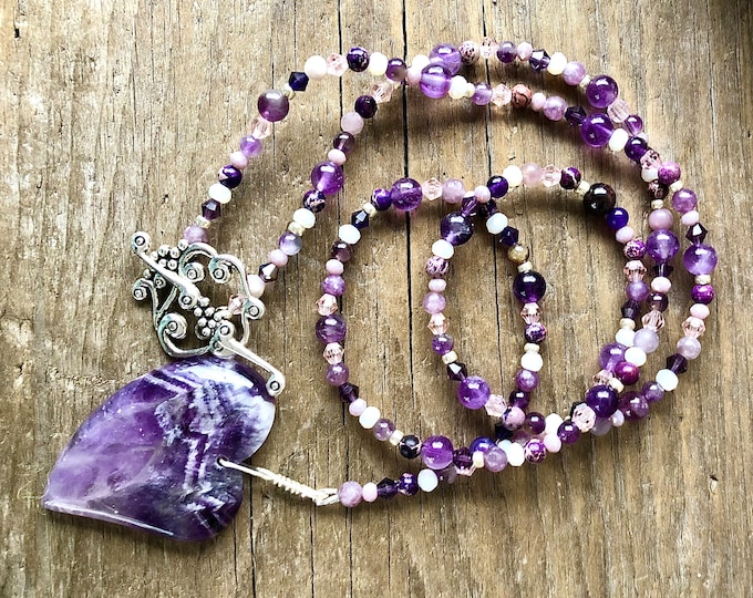 Amethyst Heart Pendant, Amethyst, Lepidolite, Jasper & Quartz Crystal Necklace