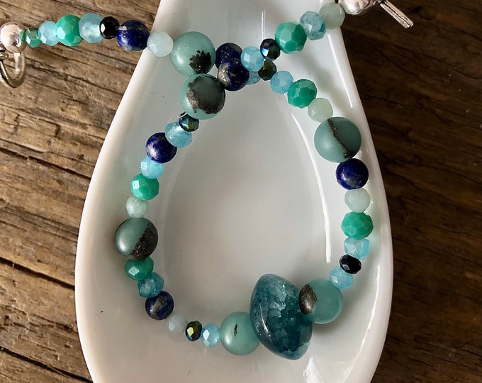 Teal Dragon Veins Agate, Apatite, Quartz Crystal, & Lapis Lazuli Bracelet