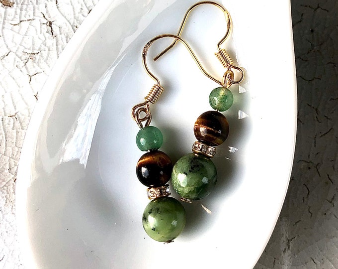 Tiger Eye Jasper Aventurine & Crystal Earrings - 1.5 inch