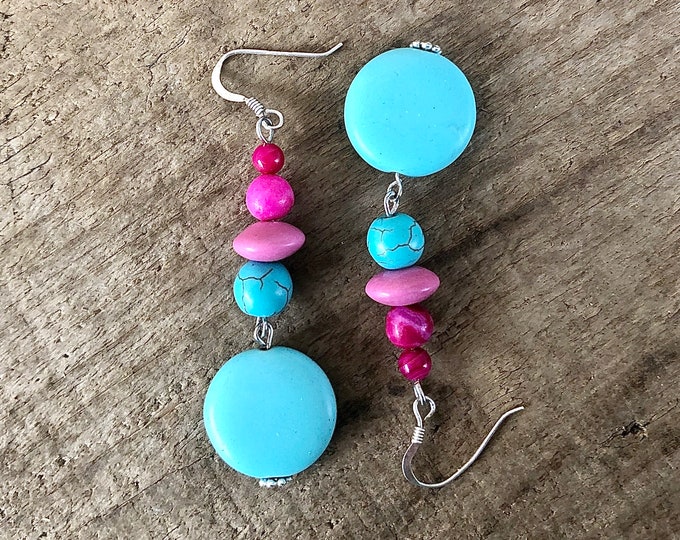 Rose Agate Magnesite & Turquoise Earrings - 2.5 inch