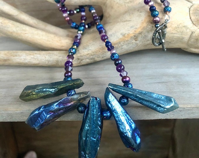Amethyst, Agate Druzy, Freshwater Pearl, Lapis Lazuli & Quartz Crystal Necklace
