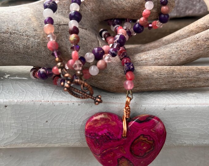 Jasper Rhodochrosite Quartz Crystal & Chrysanthemum Coral Heart Necklace