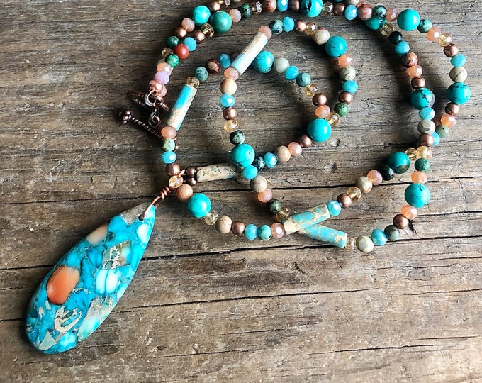 Bohemian Turquoise Jasper & Copper Bornite Pendant Necklace