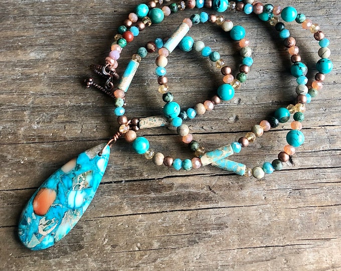 Turquoise Jasper & Copper Bornite Pendant Quartz Crystal Necklace