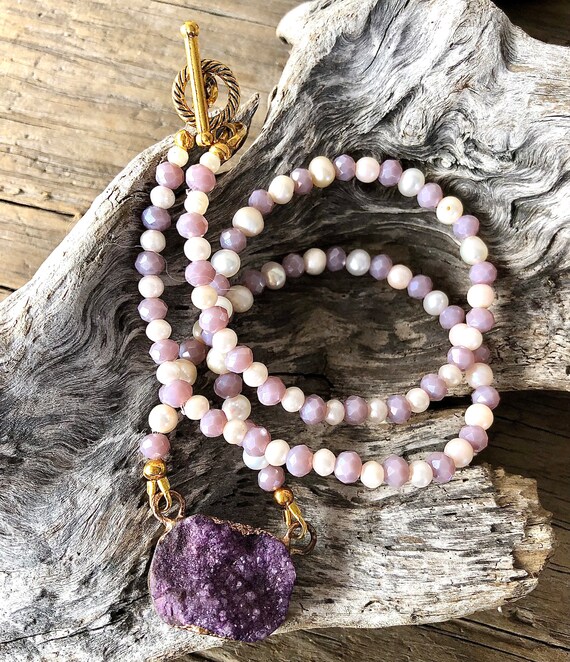 Parure De Bijoux Faits Main Agate Druzy - Collier, Boucles D'oreilles, Bracelet, Perles De Verre/cristal