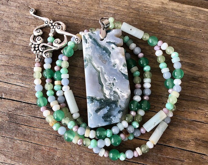 Crazy Lace Agate, Green Aventurine, Quartz Crystal & Angelite Necklace