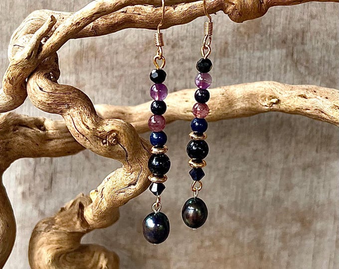 Lapis Lazuli, Amethyst, Lepidolite, Quartz Crystal & Blue Sandstone Earrings