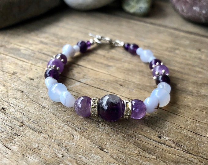 Purple Amethyst Lepidolite & Bllue Lace Agate Bracelet - 8 inch*