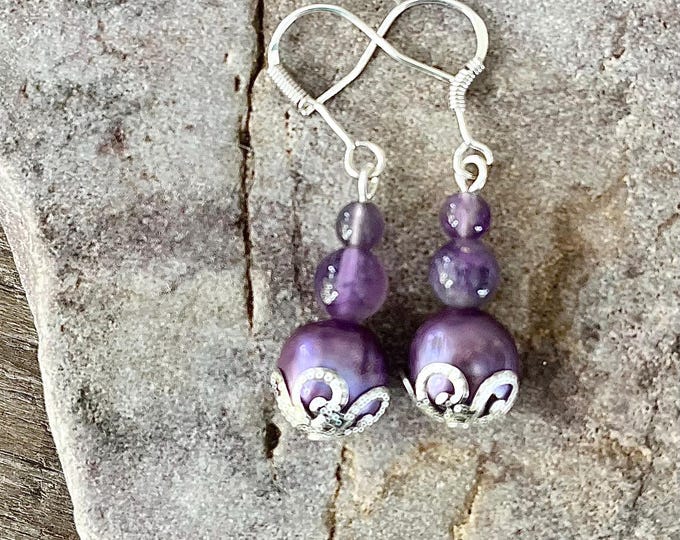 Purple Amethyst, Freshwater Pearl & Silver Earrings