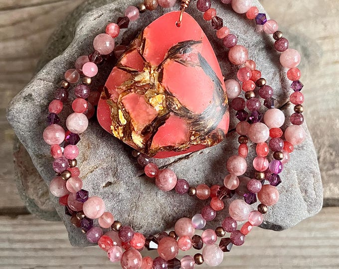 Unique Ocean Jasper & Copper Bornite Pendant: Quartz Crystal Necklace