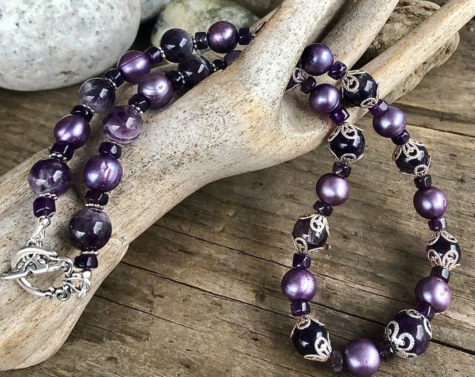 Purple Amethyst Freshwater Pearl & Silver Necklace - 18 inch