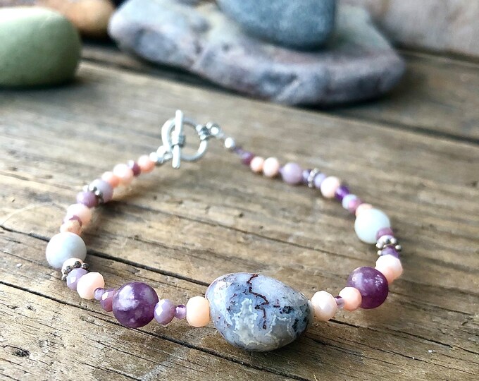 Lavender Lepidolite, Amethyst & Quartz Crystal Bracelet