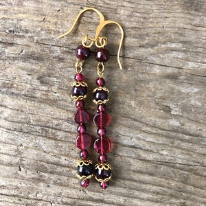 Deep Red Garnet & Gold Earrings, Boho Gemstone Statement Earrings, January Birthstone Jewelry, Sister 25th Birthday Gift for Girlfriend