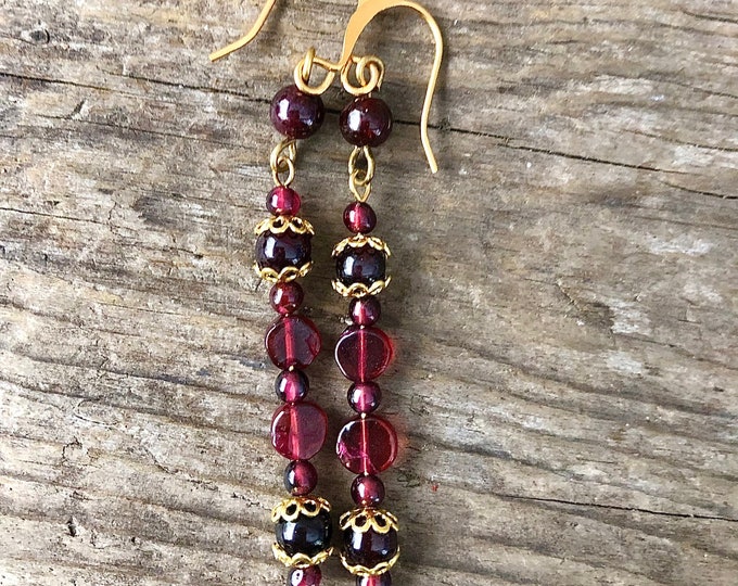 Deep Red Garnet & Gold Pearl Earrings - 2 inch
