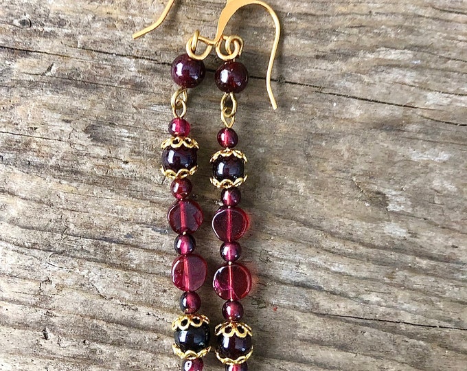 Deep Red Garnet & Gold Earrings