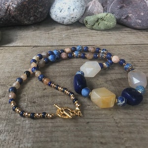 Lapis Lazuli Jasper Agate & Sunstone Necklace, Boho Healing Statement Jewelry, Handmade Stress Relief BFF 40th Birthday Gift for Girlfriend