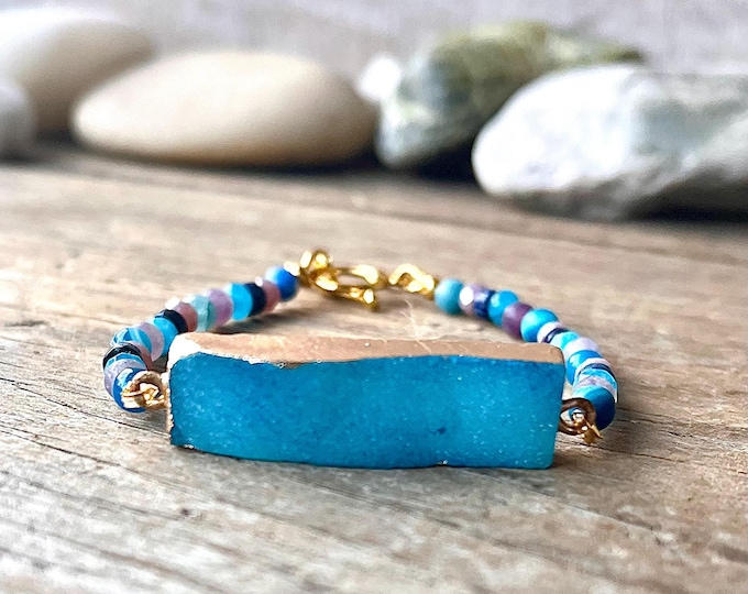 Blue Agate Druzy, Jasper, Lepidolite & Quartz Crystal Bracelet
