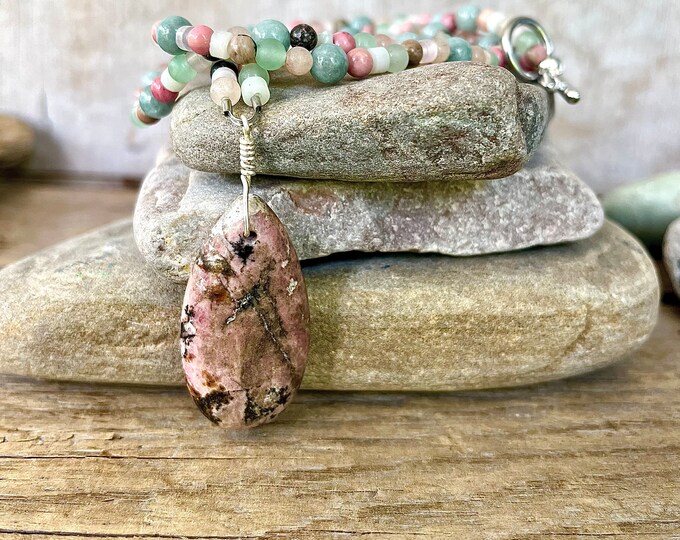 Rhodonite Rhodochrosite Quartz Aventurine & Burmese Jade Necklace