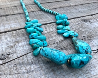 Turquoise & Copper Necklace, Handmade Boho Gemstone Necklace Anniversary Gift for Her Healing Crystals Statement Jewelry
