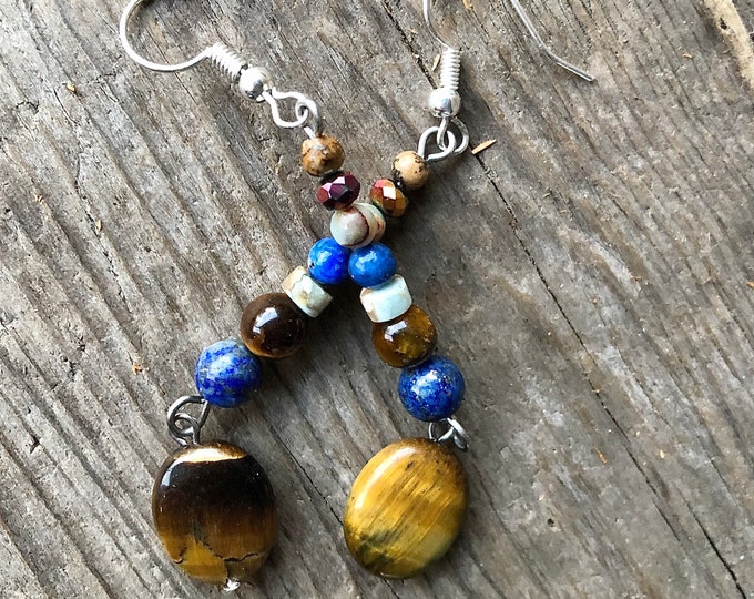 Blue/Gold Tiger Eye, Jasper, Lapis Lazuli & Quartz Crystal Earrings