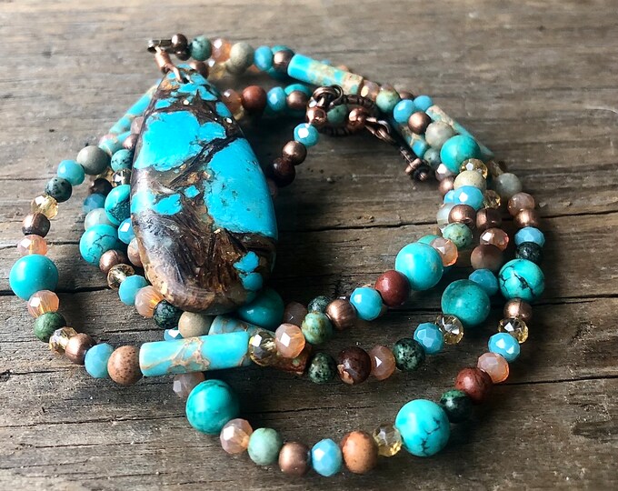 Turquoise Ocean Jasper Copper Bornite & Quartz Crystal Necklace - 37 inch