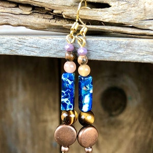 Tiger Eye, Jasper & Aventurine Copper Earrings: Boho Healing Crystal Jewelry for 30th Birthday