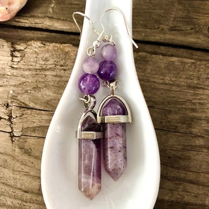 Amethyst Point & Silver Earrings, Boho Girlfriend 25th Birthday Gift for Friend, Healing Crystal Birthstone Statement Jewelry