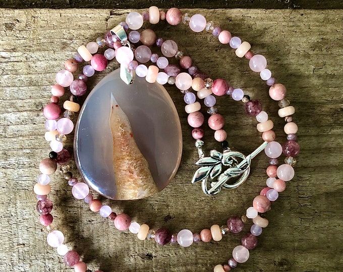 Pink Rhodochrosite, Rhodonite, Lepidolite, & Rose Quartz Necklace