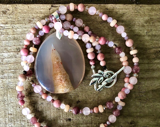 Pink Rhodochrosite Rhodonite Lepidolite & Rose Quartz Necklace - 32 inch