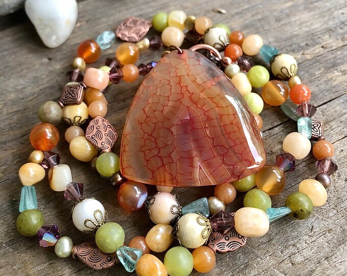 Carnelian Jade Freshwater Pearl Quartz Apatite & Copper Necklace - 26 inch