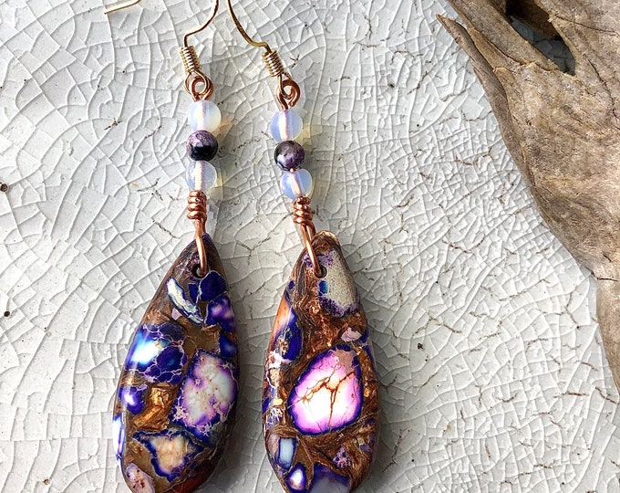 Purple Ocean Jasper, Copper Bornite & Opal Earrings
