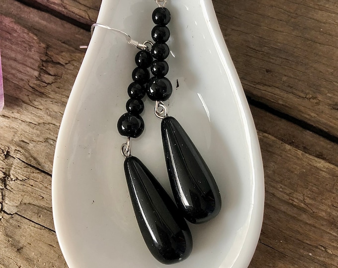 Black Onyx Agate Drop Earrings - 2.5 inch