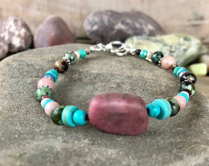 Rhodonite Turquoise Ocean Jasper & Quartz Crystal Bracelet - 7.5 inch*