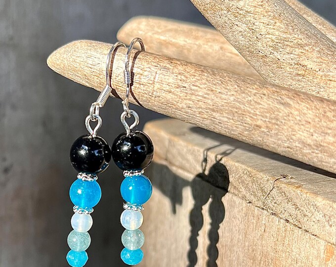 Black Onyx, Blue Agate, Opal, Angelite & Quartz Crystal Earrings