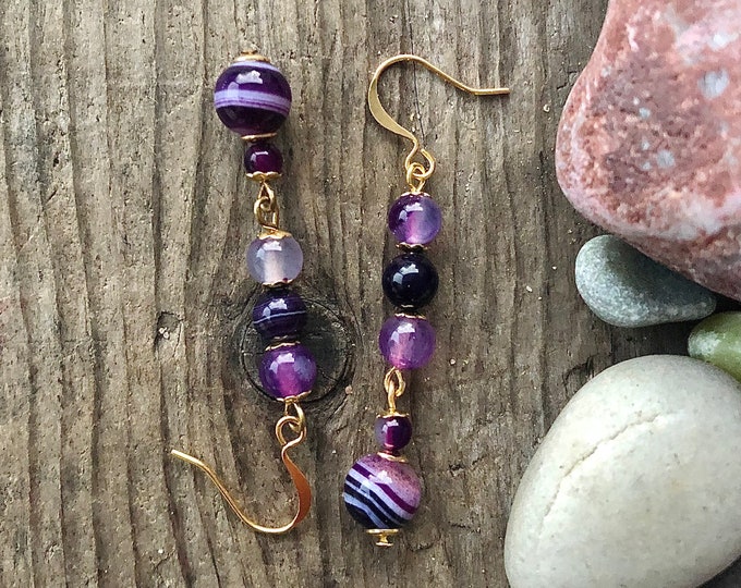 Purple Stripes Agate Earrings - 3 inch