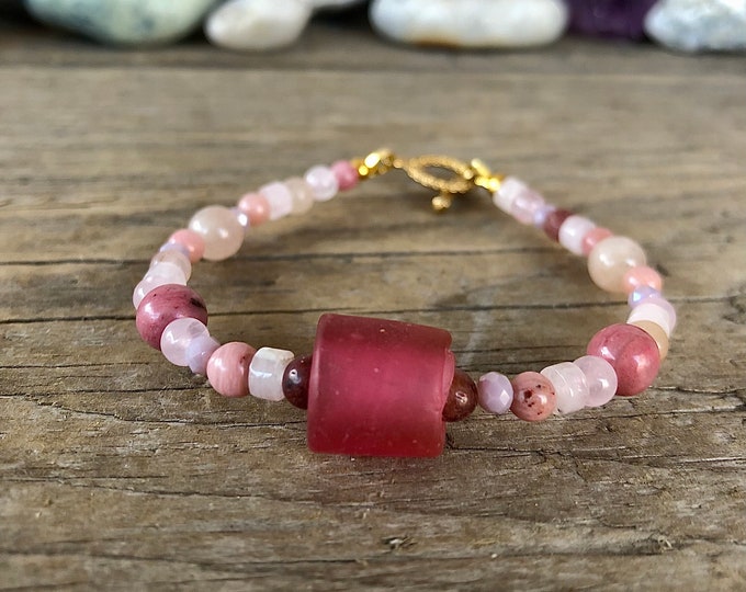 Rose Quartz, Rhodochrosite & Quartz Crystal Bracelet