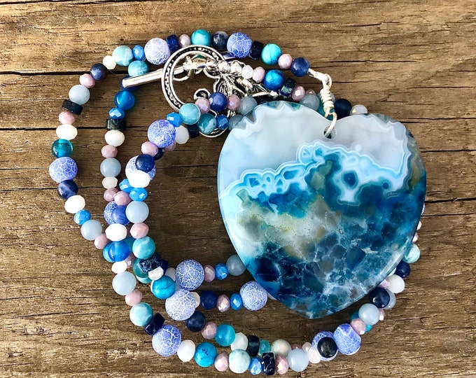 Agate Lapis Lazuli & Quartz Crystal Necklace