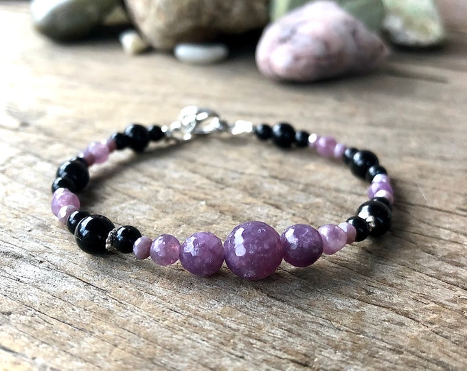 Black Onyx Lepidolite & Quartz Crystal Bracelet - 7.5 inch*