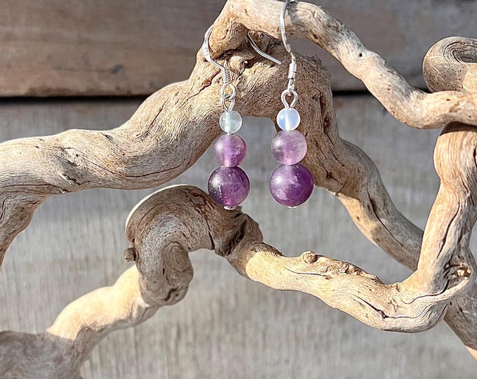 Amethyst and Opal Earrings, Boho Handmade Gemstone Statement Jewelry, Wife 40th Birthday Gift for Girlfriend