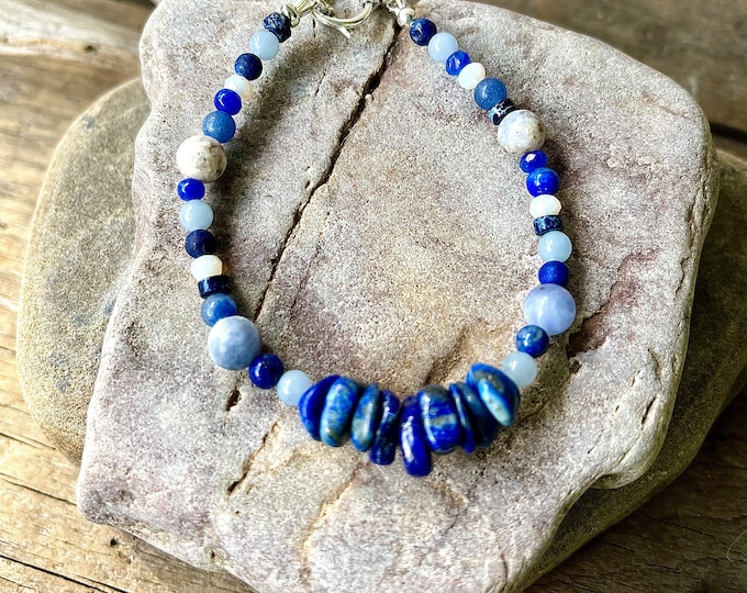 Lapis Lazuli, Blue Aventurine, Quartz Crystal, Jasper, & Angelite Bracelet