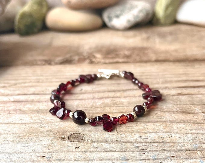 Deep Red Garnet and Silver Gemstone Bracelet