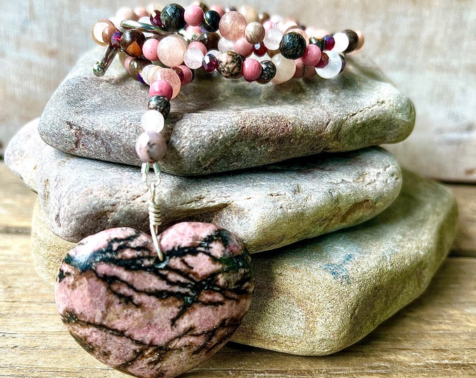 Rhodochrosite, Rose Quartz, Quartz Crystal & Rhodonite Heart Necklace