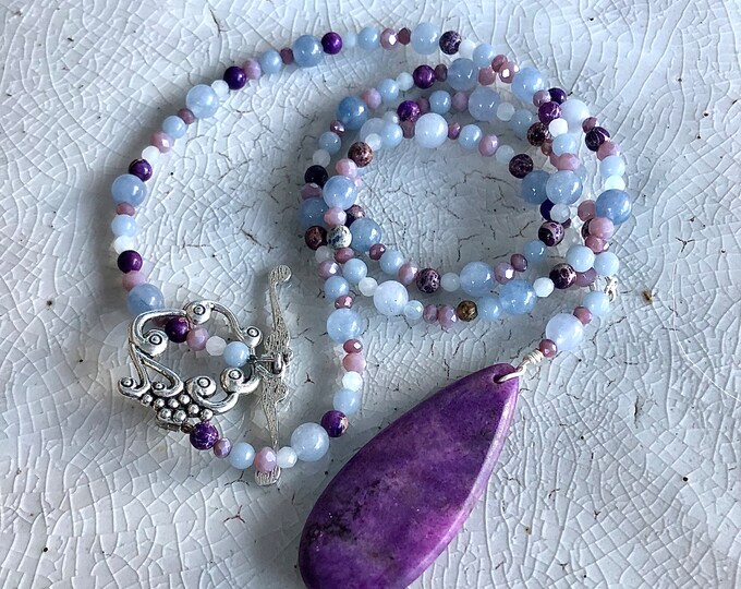 Purple Lepidolite Amethyst & Quartz Crystal Necklace - 29 inch